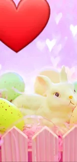 Cute Easter bunny with colorful eggs and a red heart on a pink background.