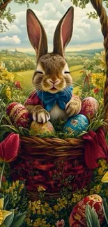 Cute bunny in a floral and egg-filled basket under a bright sky.