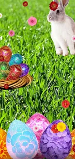 Rabbit with colorful eggs in green grass field.