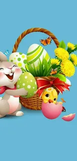 Easter-themed wallpaper with a bunny, eggs, and spring flowers against a sky blue background.