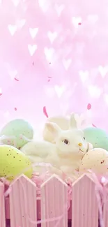 A white bunny with pastel eggs on a pink background. Perfect for Easter.