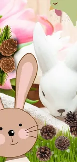 Easter themed wallpaper with bunny, eggs, and flowers.