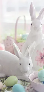 Easter bunnies with pastel eggs in soft lighting, perfect spring decor.