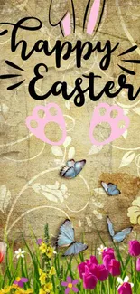 Easter mobile wallpaper with bunnies, tulips, and butterflies.