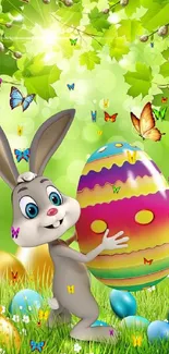 Easter bunny holding a colorful egg with green background and butterflies.