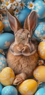 Adorable bunny with blue and yellow Easter eggs.