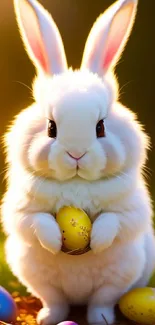 Fluffy Easter bunny holding a decorated egg with colorful eggs around.