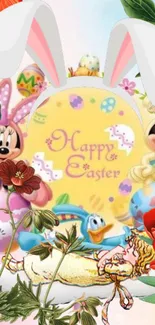 Easter wallpaper with cartoon characters and pastel colors.