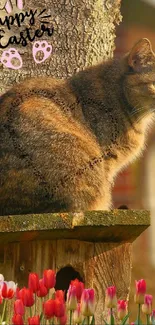 Cat on a perch with tulips and 'Happy Easter' message in a garden setting.