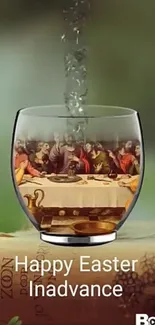 Easter-themed art in a glass on a mobile wallpaper.