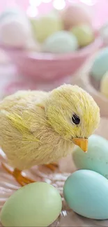 Chick with pastel Easter eggs on a decorative plate.