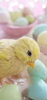 Yellow Easter chick with pastel eggs.