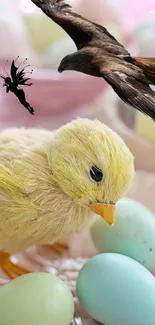 Fluffy chick and pastel eggs with a fairy and bird in an Easter-themed scene.