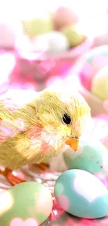 Chick with pastel Easter eggs on a floral plate.