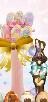 Festive Easter wallpaper with chocolate bunny and colorful eggs.