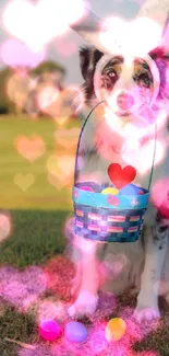 Dog with bunny ears and Easter basket in outdoor setting.