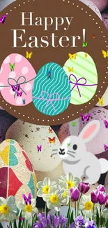 Vibrant Easter wallpaper with eggs, bunny, and flowers.