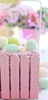 A pastel Easter egg basket with pink decor.