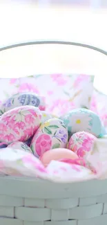 Colorful Easter eggs in a floral basket wallpaper.