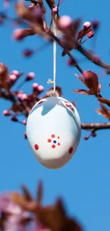 Decorative Easter eggs hanging on a blossoming branch with a blue sky backdrop.