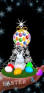 Easter themed mobile wallpaper with colorful eggs and starry background.