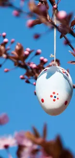 Decorative Easter egg hanging on a tree branch with spring blossoms.