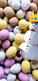 Snowman with crown among colorful Easter eggs.