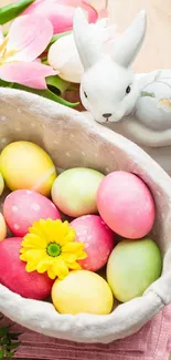 Mobile wallpaper with Easter eggs, bunny, and flowers.