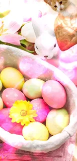 Colorful Easter eggs with flowers and a cat figurine on a wooden table.