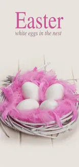 Easter-themed wallpaper with eggs in a pink feathered nest.