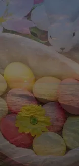 Easter-themed wallpaper with eggs and scenic view.