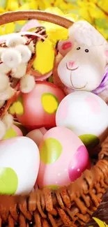 Easter basket with colorful eggs and lamb plushie.