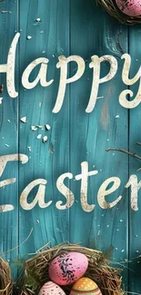 Easter themed wallpaper with colorful eggs and rustic wooden background.