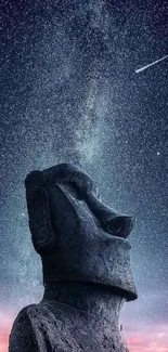 Moai statue under a starry sky with a meteor streaking above.