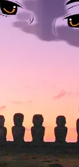 Surreal Easter Island sunset with statues and eyes in the sky artwork.