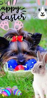 Adorable Easter wallpaper featuring a puppy, bunny, and colorful eggs on green grass.