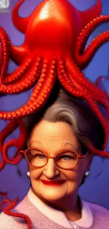 Elderly woman with a red octopus hat, vibrant and surreal.