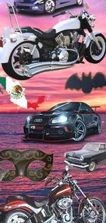 Collage of vehicles with a sunset purple background, including cars and motorbikes.