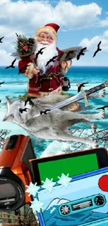 Santa on beach with wolf and camera in a vibrant collage wallpaper.