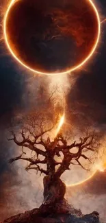 Mystical tree under eclipse glowing fiercely.