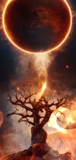 A tree stands before an eclipse in a mystical, cosmic wallpaper design.