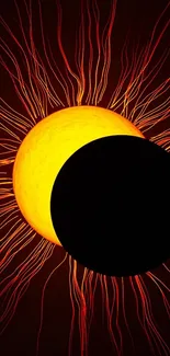 Artistic eclipse mobile wallpaper with dark sun and yellow glow.