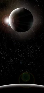 Mobile wallpaper of a solar eclipse in space with stars.