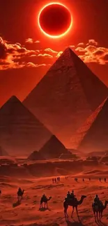 Solar eclipse over pyramids in a red-hued desert landscape.