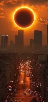 Solar eclipse over a city skyline at sunset with glowing horizon.