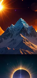 Surreal eclipse over majestic mountains with glowing sunrise.