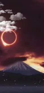 Mystical eclipse over mountain with clouds.