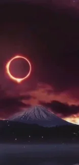 Solar eclipse over mountain peak under a starry sky, creating a dark majestic scene.