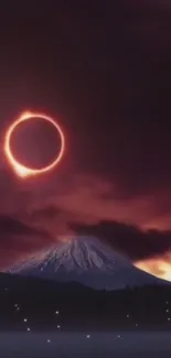 Solar eclipse over a mountain with a vivid red sky.