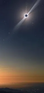 Eclipse in a dark sky over sunset horizon with stars visible.